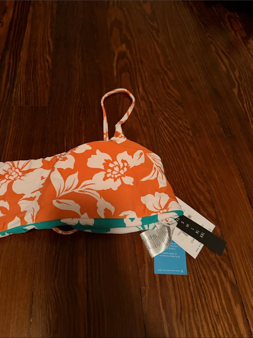 O'Neill Orange and White Floral Bandeau Bikini Reversible Top